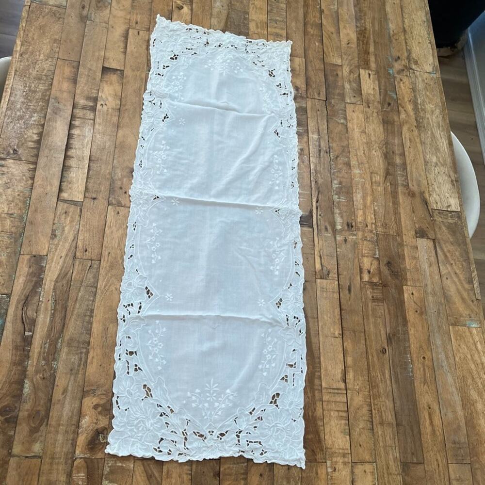 White Linen Table Runner 14 x 38 in Floral Embroidered Cutwork